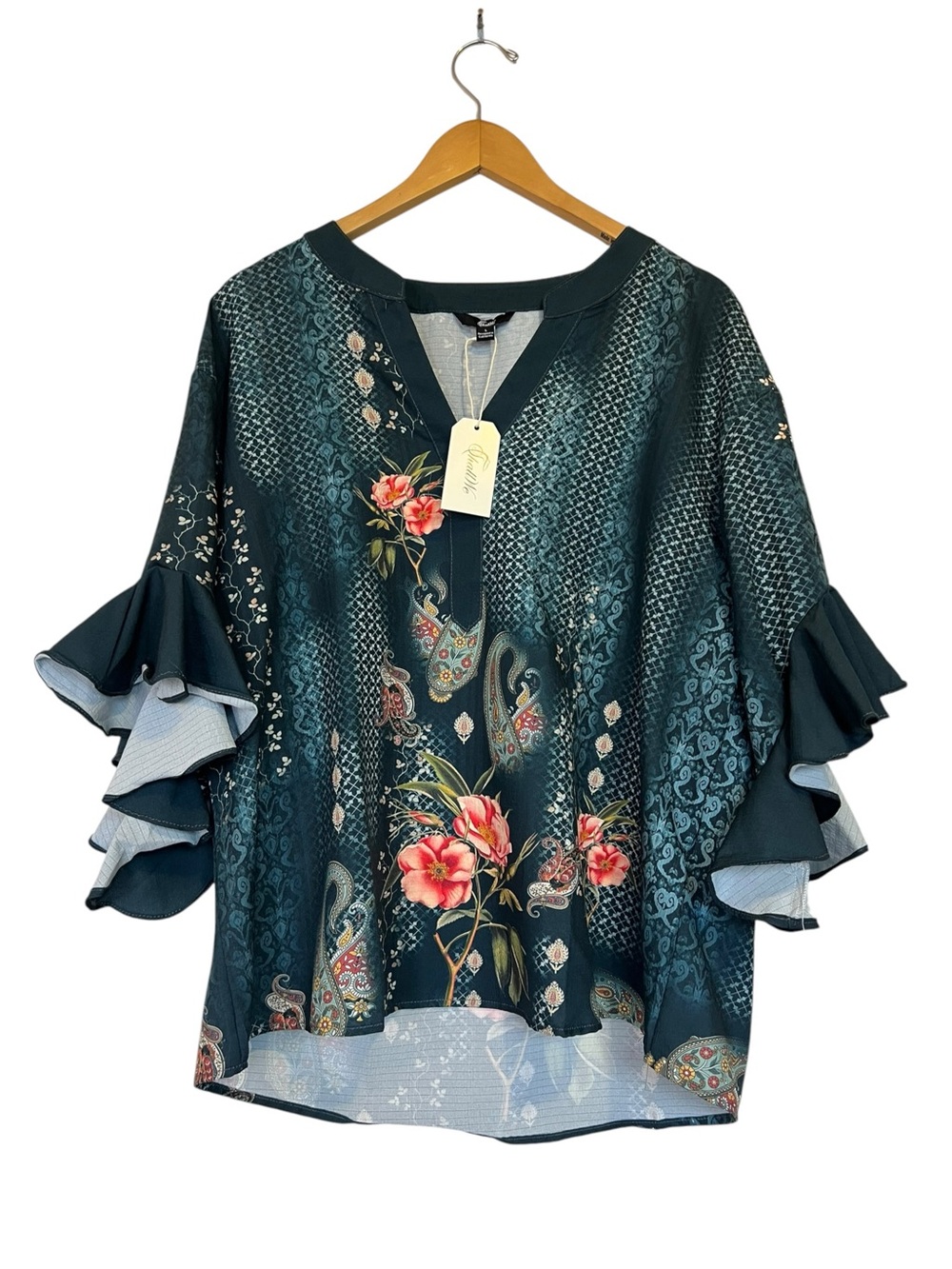 ShallWe NWT Size Women’s Large Rose Floral Paisley Ruffle Sleeve Boutique Blouse